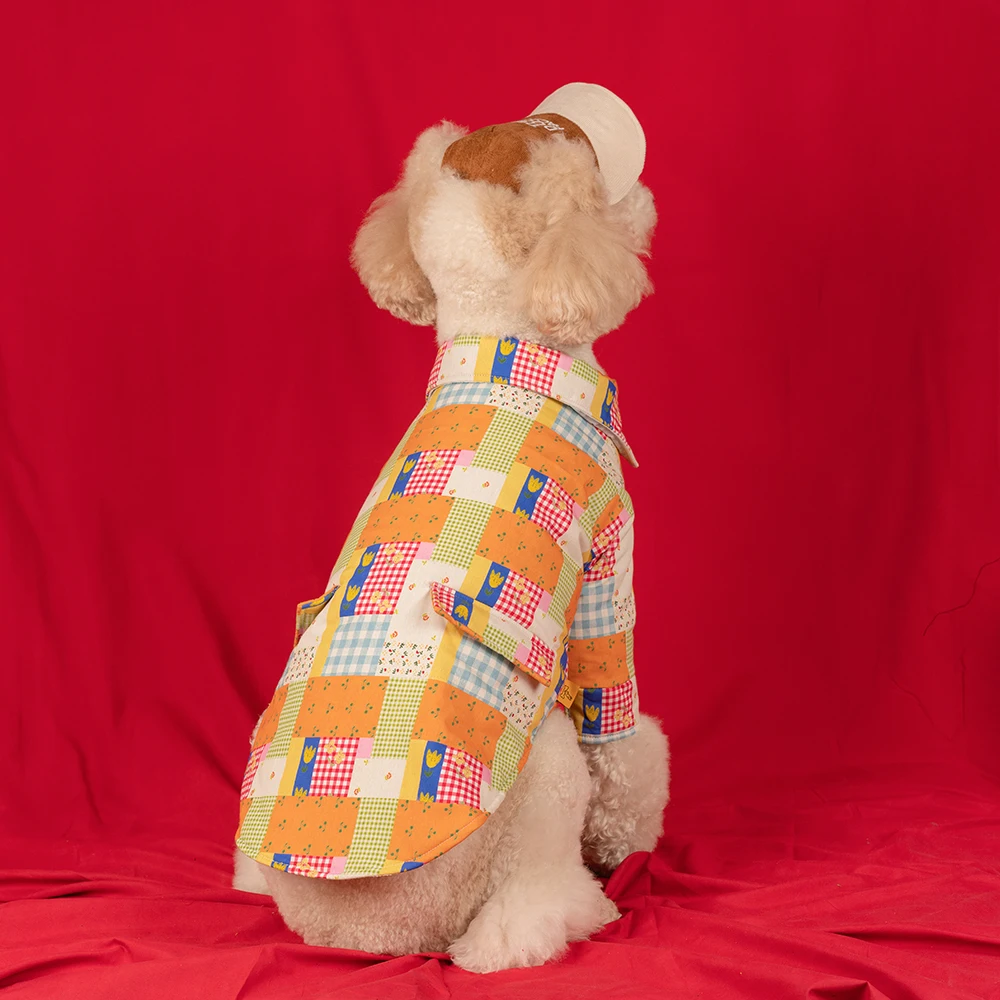 大型犬用秋冬シャツジャケット：花柄チェックキルティングで快適な日常着用を実現