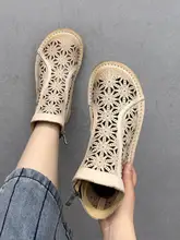 真皮製の平底手作りラウンドトゥサイドジップメッシュブーツ【女性用・通気性あり】