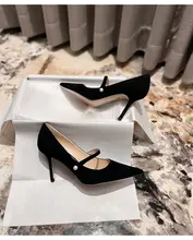 マリージェン レザー調ブラックスエード ハイヒール【細ヒール・先細デザイン・オフィス用】