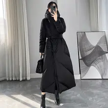 フード付きダウンコート【ブラック・ウエストリボン・極上の柔らかさ・ロング丈】