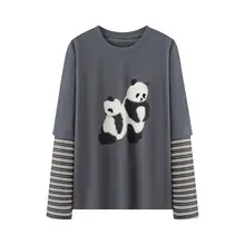 パンダプリントのストライプスリーブ・ラウンドネックTシャツ【シフォン風・ゆったりデザイン・カジュアル用】（セットアップ対応）