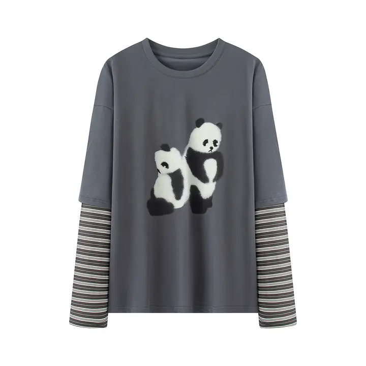 パンダプリントのストライプスリーブ・ラウンドネックTシャツ【シフォン風・ゆったりデザイン・カジュアル用】（セットアップ対応）