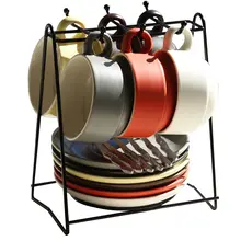 シンプルデザインの欧風陶器コーヒーカップセット【ソーサー・スプーン付き・骨China製・収納スタンド含む】
