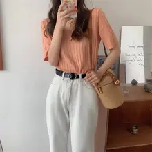 夏用 薄手のアイスシルクTシャツ【ストライプ・Vネック・ゆったりサイズ】