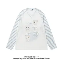 猫デザインのストライプ長袖Tシャツ【Vネック・春夏用・ユニセックス・フィット】