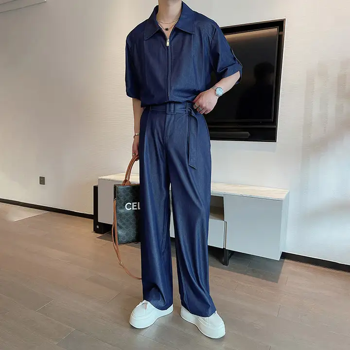 デニムシャツ セットアップ メンズ ブルー きれいめ 上品 クリーンフィット ストリート 夏