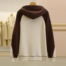 カジュアルレタープリントのカラー切り替えフード付き裏起毛スウェットシャツ