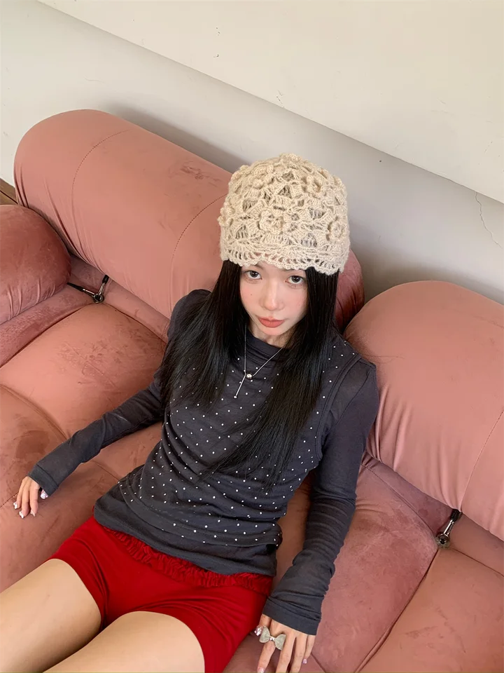 手編み立体フラワーメリノウール帽子【ファッション・透かしデザイン・秋冬用・暖かい】