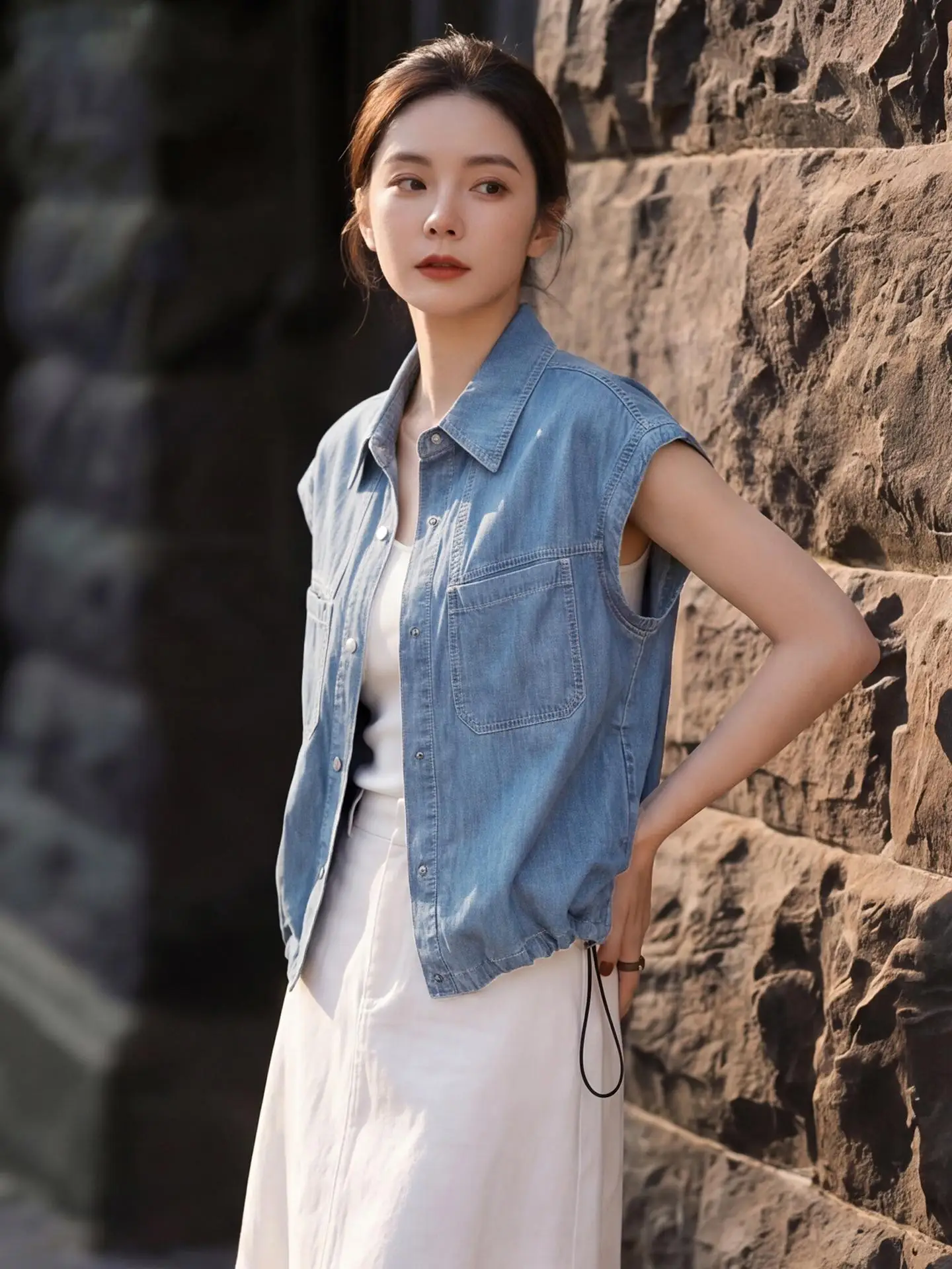 浅いブルーのフリル袖デニムシャツ：通勤風の日常着としての実用性とデザイン特性