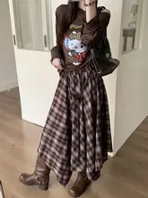レトロカフェカラー不規則チェック柄ハイウエストAラインスカート【秋用・フレアデザイン・ミドル丈】（セットアップ対応）