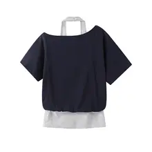 Tシャツ トップス レディース フェイクレイヤード 英字プリント ラウンドネック 半袖 グレー ゆったり カジュアル デイリー サマー 「XinmonLee」