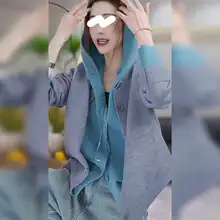 デザイン性のあるカラーブロック長袖フード付きニットセーター【女性用・カジュアル・重ね着スタイル】