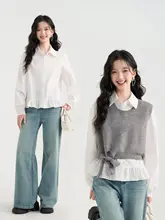 フリルデザインのブラウスとニットベスト【春用・重ね着スタイル】（セットアップ対応）