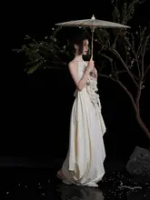 夏用 米白色の不規則な花柄マキシスカート【肩掛け花柄トップス・仙女風】（セットアップ対応）
