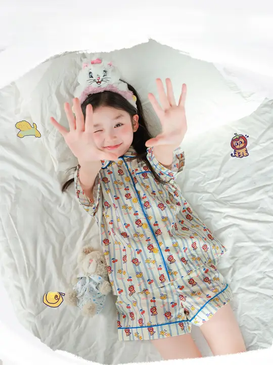 大耳象デザイン 女の子用フルプリント半袖＆長袖パジャマ【親子ペア・春用・オリジナル】（セットアップ対応）