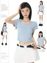 2点セット レディース スクエアネック 半袖Tシャツ クロップド ミニスカート ハイウエスト 白 甘辛MIX