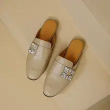 本革製のオープントゥスリッポンシューズ【アウトドア・平底・水晶装飾】
