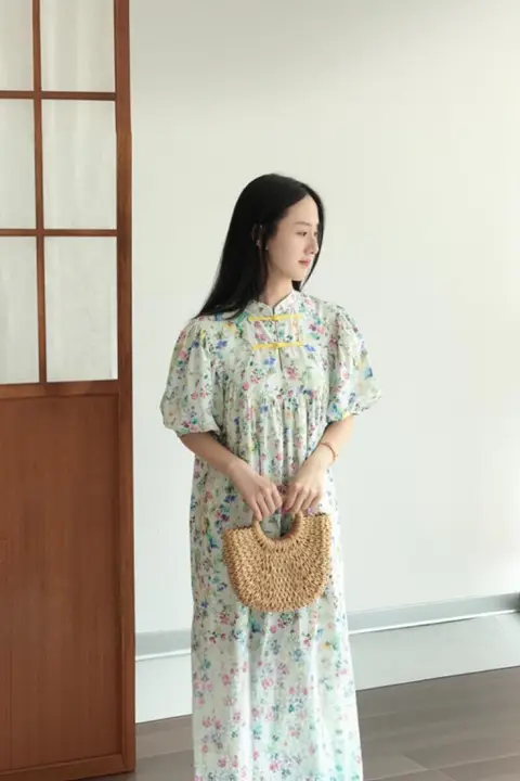 大人用立襟パフスリーブワンピースのデザイン型紙【日本デザイン・布で再現】（セットアップ対応）