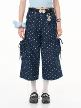 美式レトロドット柄ワイドレッグカジュアルパンツ【深いブルー・七分丈】
