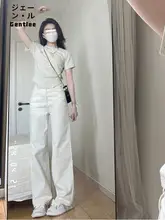 白色高腰ワイドレッグデニムパンツ【スリムフィット・快適な着心地・小柄向け】