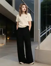 小柄女性向け ダークグレー ウール製 ハイウエストワイドパンツ【秋用・極上の柔らかさ・フィット】