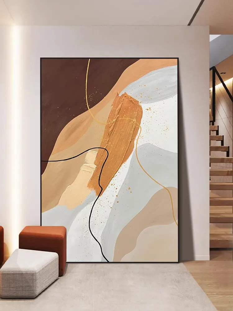 手描き油絵 リビング用和のテイスト装飾画：抽象的テクスチャが空間を現代的かつ落ち着かせる