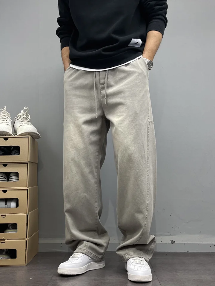 春秋向けシンプル水洗い加工のジョイントイージーパンツ【ウエストゴム・ストレートシルエット】（セットアップ対応）