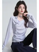 デザイン性のあるレース襟長袖Tシャツ【秋用・フレンチスタイル・飾りリボン付き】