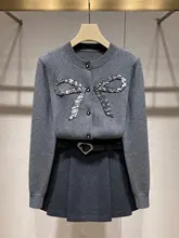 春の新作！キラキラ蝶結びニットトップスとプリーツスカート【学院風・チュニックスタイル】（セットアップ対応）