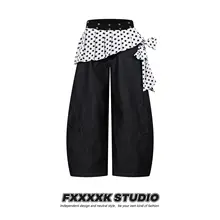 高街デザイン！スタッズ付きドット柄ワイドレッグデニムパンツ【ヴィンテージ風・女性用】