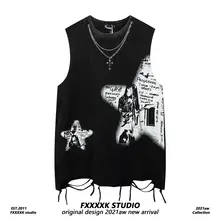 ヴィンテージ風ノースリーブTシャツ【ユニセックス・ストリートスタイル・夏用・ダメージ加工】