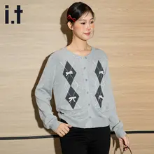 リボン付きダイヤモンド柄ニットカーディガン【ゆったりとした秋用・女性用】（セットアップ対応）