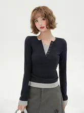 長袖Tシャツ レディース フェイクレイヤード シンプル アメリカン風 タイト インナー 秋「Girlyhalo」