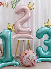 ブルーの立体クラウンバースデーナンバーバルーン【ピンク・子供用・誕生日パーティー装飾】