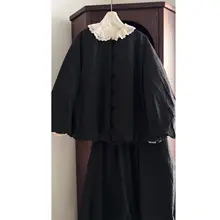 新中式デザイン 黒のフリル付きジャケットとチュールスカート【秋冬・大きいサイズ・ファッション】（セットアップ対応）