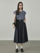 HUIXI 夏用 高腰 Aラインスカート【深い青色・通勤・ロング丈】