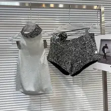 名媛風  Vネックのスパンコールジャケット【ノースリーブトップス・花柄ショートパンツ】（セットア ップ対応）