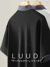 ポロシャツ メンズ 半袖 フェイクレイヤード パッチワーク チェック柄 シャツカラー 横畝 シンプル 上品 「LUUD」