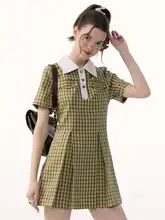 ziziFei 夏用 ポロカラーイエローチェックワンピース【レトロデザイン・ウエストシェイプ・カジュアルスタイル】