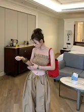 チェック柄の短丈ビスチェとリボン付きワイドパンツ（セットアップ対応）