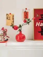 陶器製 赤いザクロ花瓶【中華風デザイン・リビング・テーブル装飾用】