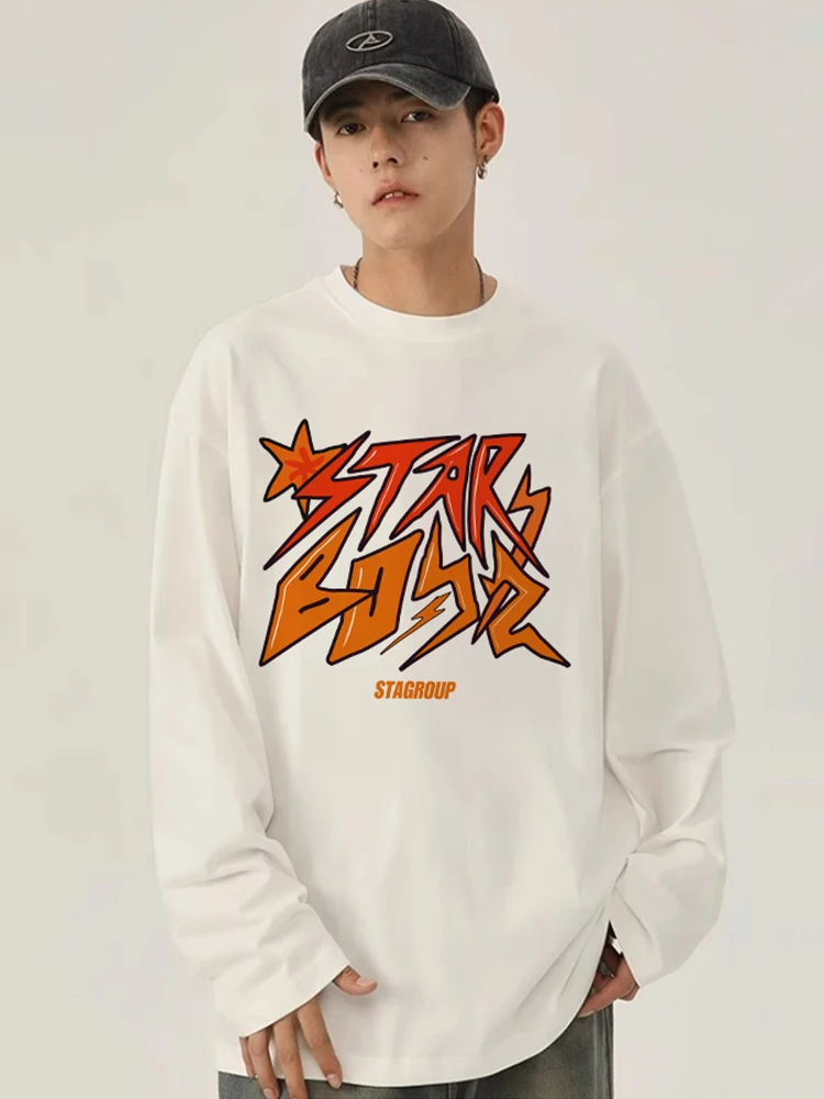 極上の柔らかさのコットン長袖Tシャツ【メンズ・字母プリント・オーバーサイズ・春秋用】