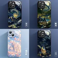 スマートフォンケース 対応 iphone16 15Pro 13 15 14 14Pro 14Promax 15Promax 材質 ガラス 液体 スタイル 高級 星空 ゴッホの油絵