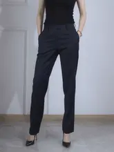 女性用通勤スーツパンツ【高級感・細身シルエット・ウール製・濃紺色】
