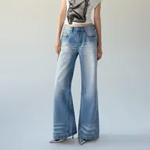 春用デザイン水洗いデニムパンツ【ワイドレッグ・ストレート】
