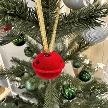 赤いフロッキーデザインのクリスマスツリー用装飾大ベル【雪の結晶と星モチーフ・マット仕上げ】