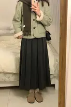 毛織りAラインミディスカート【グレー・プリーツ・梨型体型にフィット・春秋用】