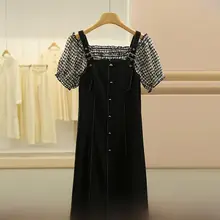 デザイン性に優れたバタフライチェックのフリル付き四角襟ワンピース【春夏用・ツーピース風】（セットアップ対応）