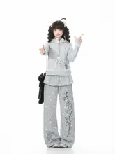 星柄Y2K高腰カジュアルロングパンツ【アーバンスタイル・ストレートシルエット】（セットアップ対応）