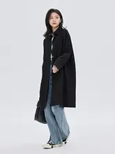 リネン製ポロカラー開衿ポケット付き中長丈シャツジャケット【秋用・ゆったりフィット・ブラック】